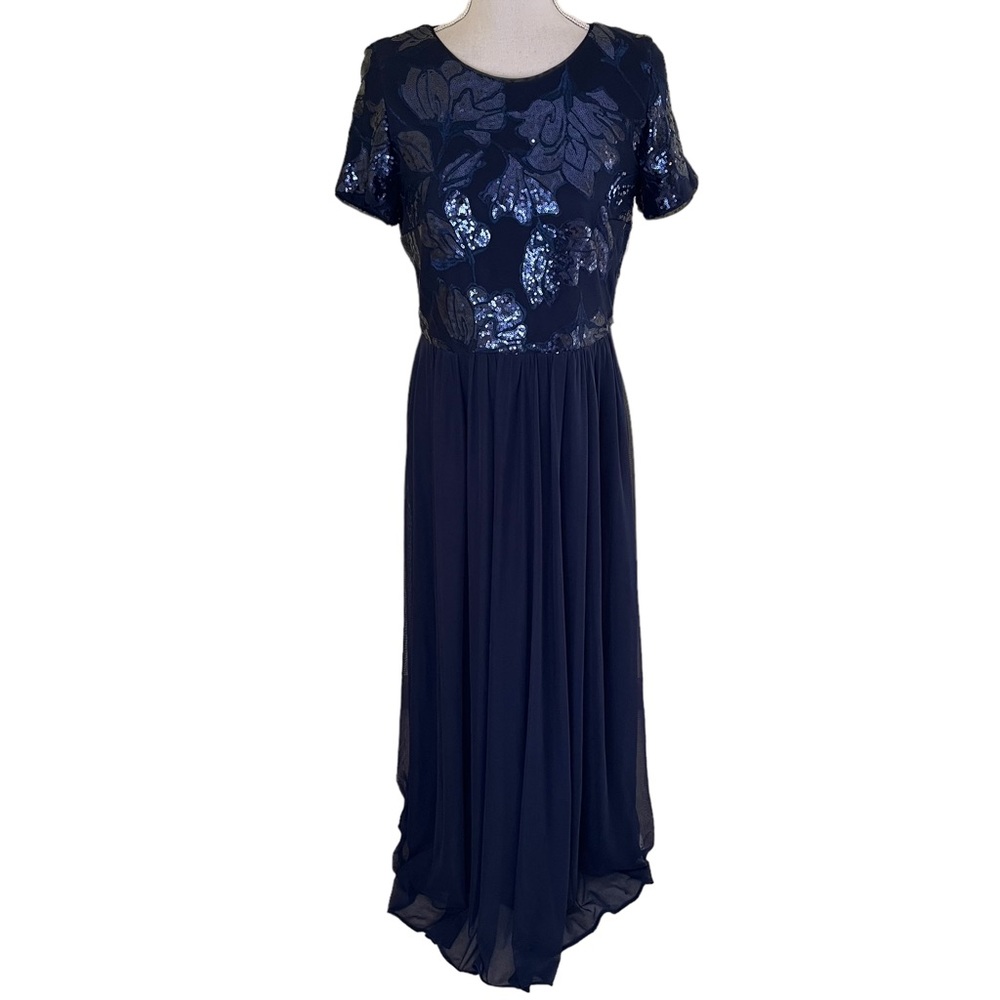 R&M Richards Navy Blue Sequined Bodice Short Sleeve Mesh Skirt Formal Dress - Picture 3 of 13